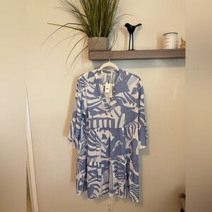 Casual Blue & White Abstract Print V-Neck Dress